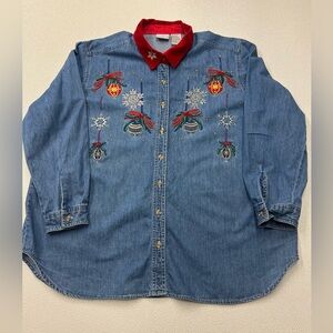 Bobbie Brooks Denim Shirt Holiday Christmas with Red Velvet Collar 100% Cotton